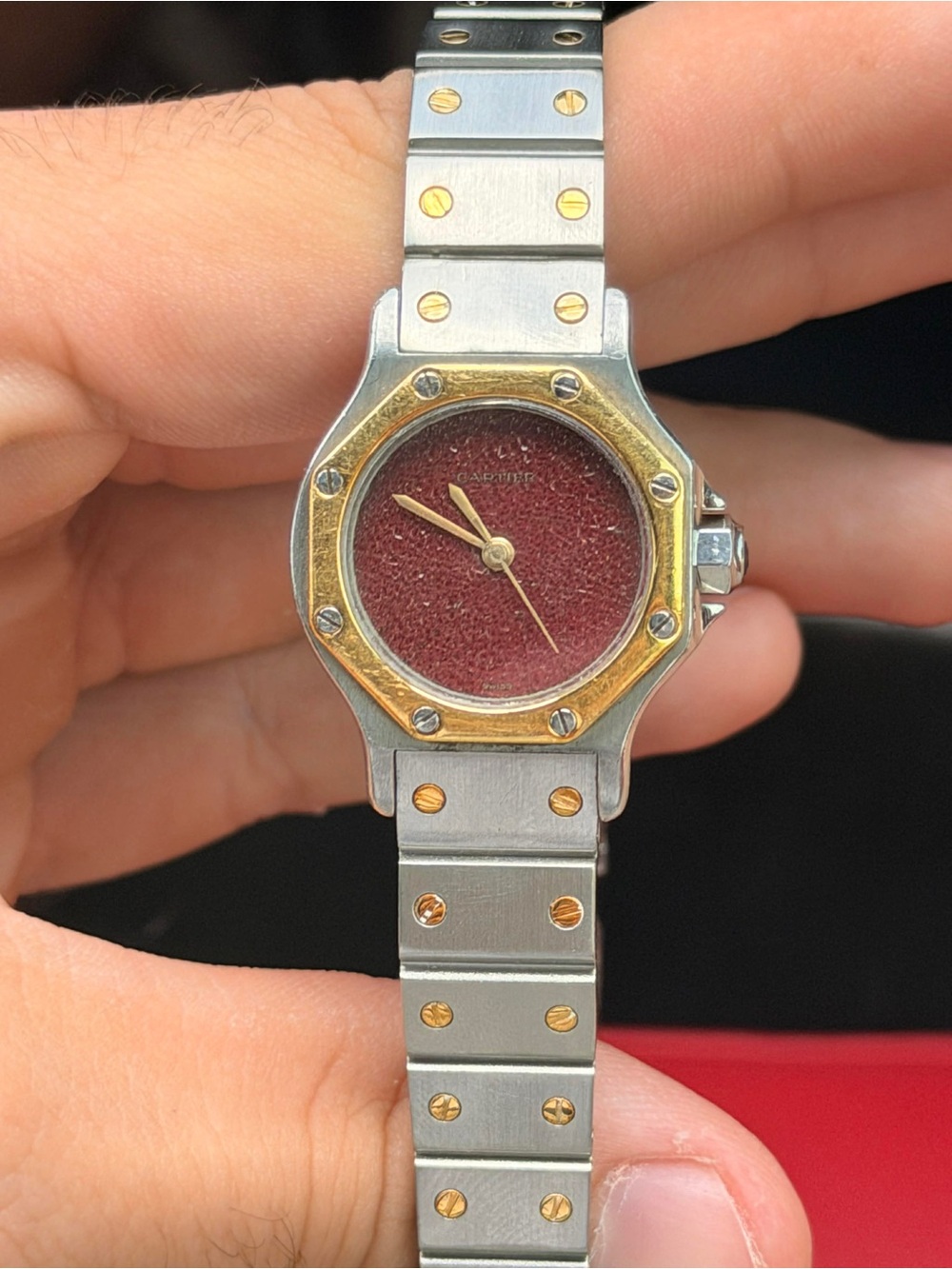Cartier Two-Tone Santos with Burgundy Textured Dial